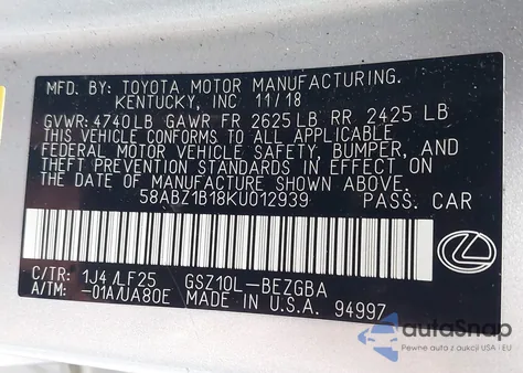 2019 Lexus Es 350 F Sport from USA, damaged, VIN 58ABZ1B18KU012939